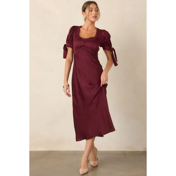 More Than a Feeling Burgundy Satin Lace Trim Midi Dress