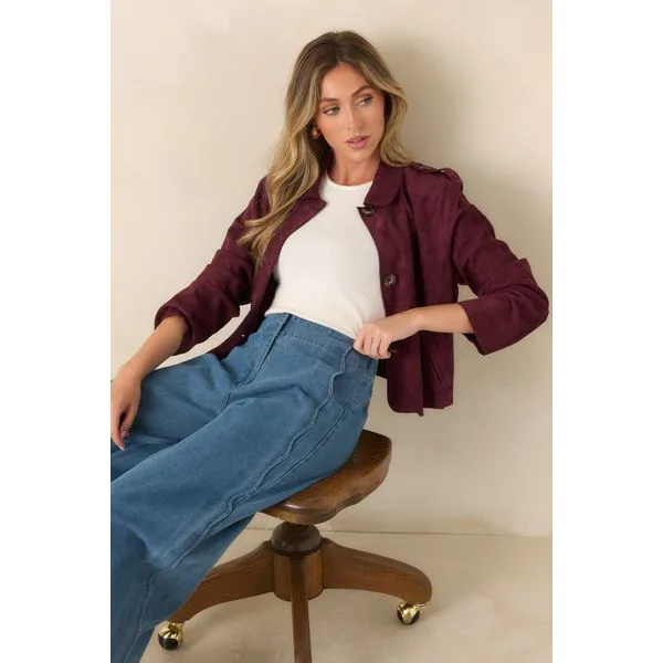 ENTRO - A Rich Addition Wine Faux Suede Cropped Jacket