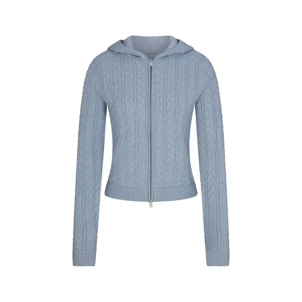 Sweater Knit Cable Zip Up Hoodie - Fog