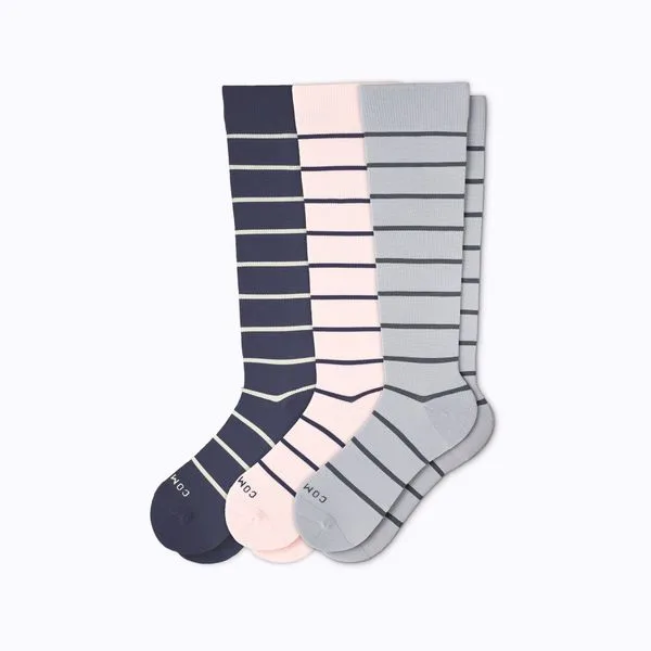 Knee-High Socks — 3-Pack — Navy / Pink / Gray Stripes