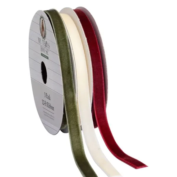 Green/Ivory/Burgundy Velvet Christmas Ribbon, 12', 3 Pack