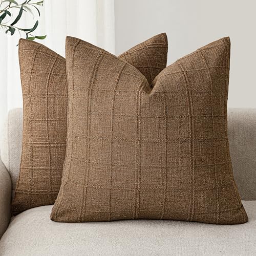 Fointower brown textured plaid pillow covers on a neutral sofa