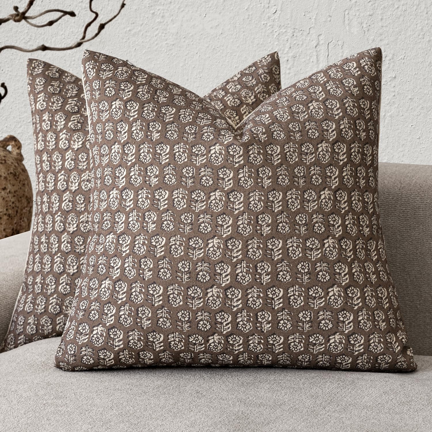 Fointower brown floral pillow covers with a small cream botanical print