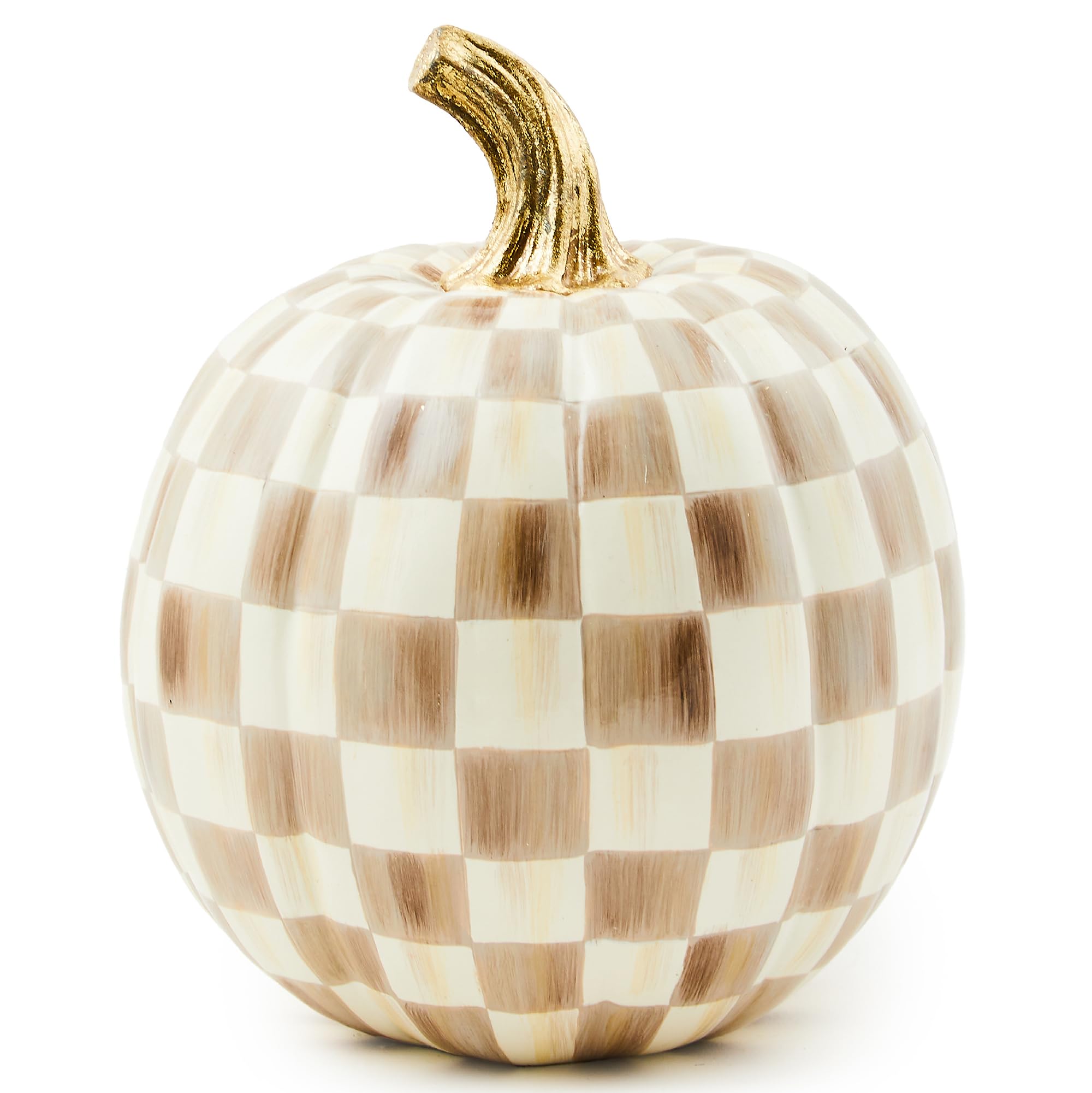 MacKenzie-Childs brown-and-cream checked pumpkin with a gold stem