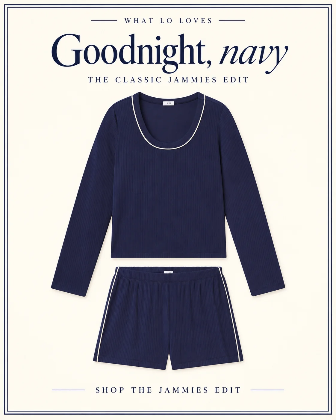 Goodnight, navy: A classic scoop neck, cream piping & matching shorts.