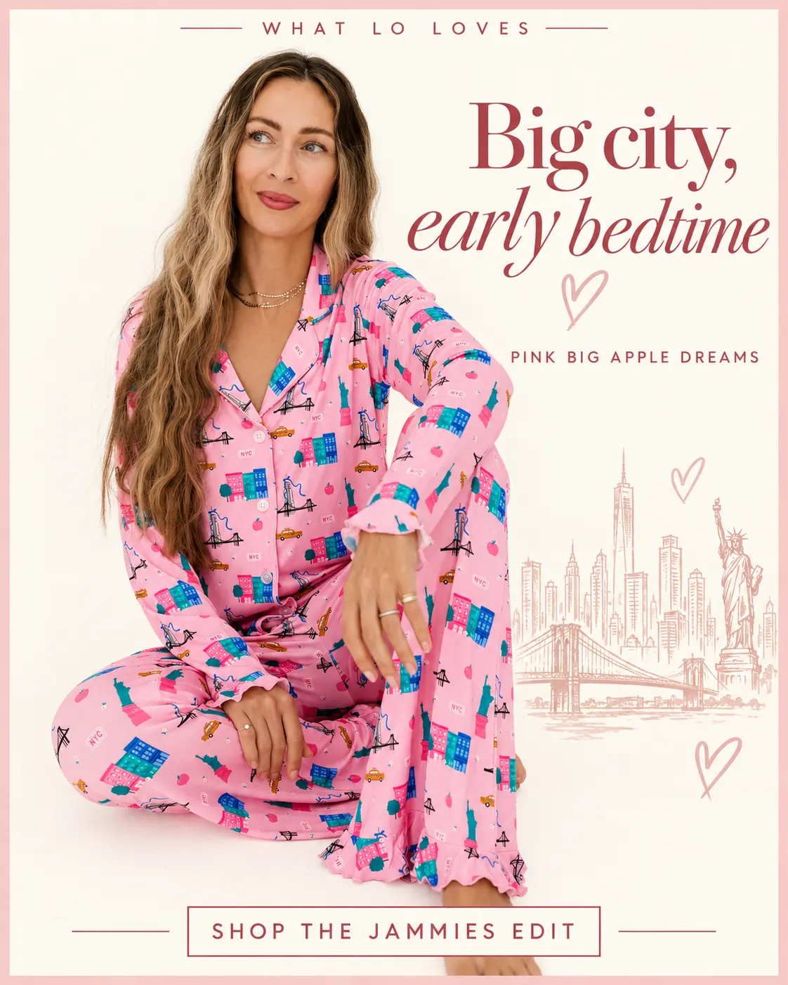 Big city, early bedtime: Pink NYC prints & the sweetest ruffle details.