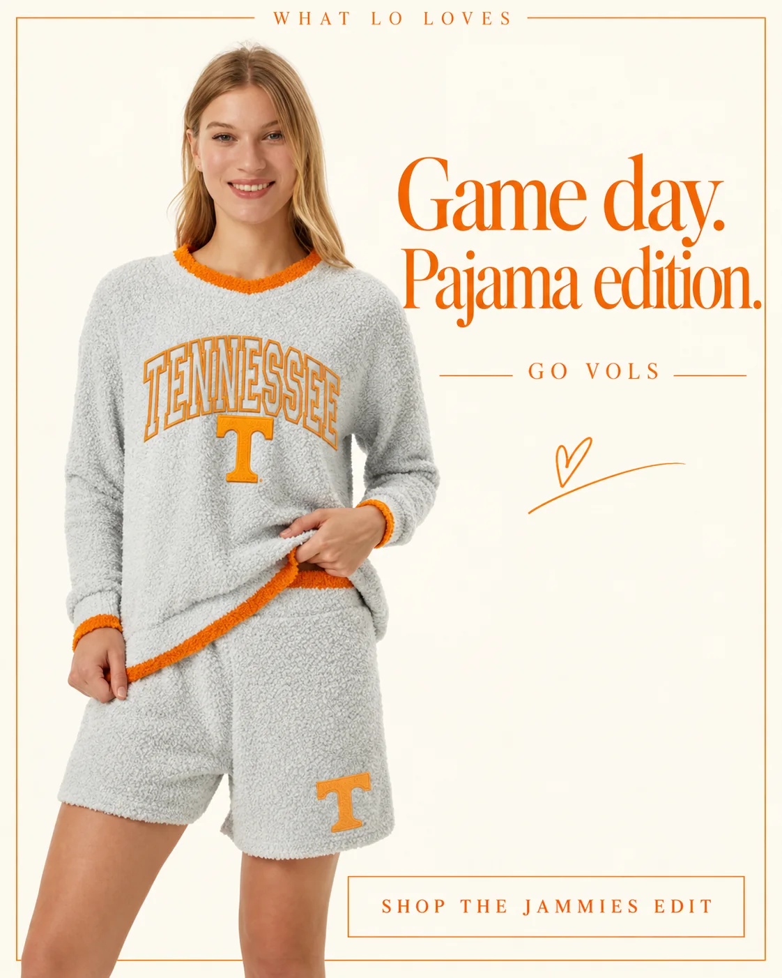 Game day. Pajama edition: Gray chenille, Tennessee orange & couch-side cheering.