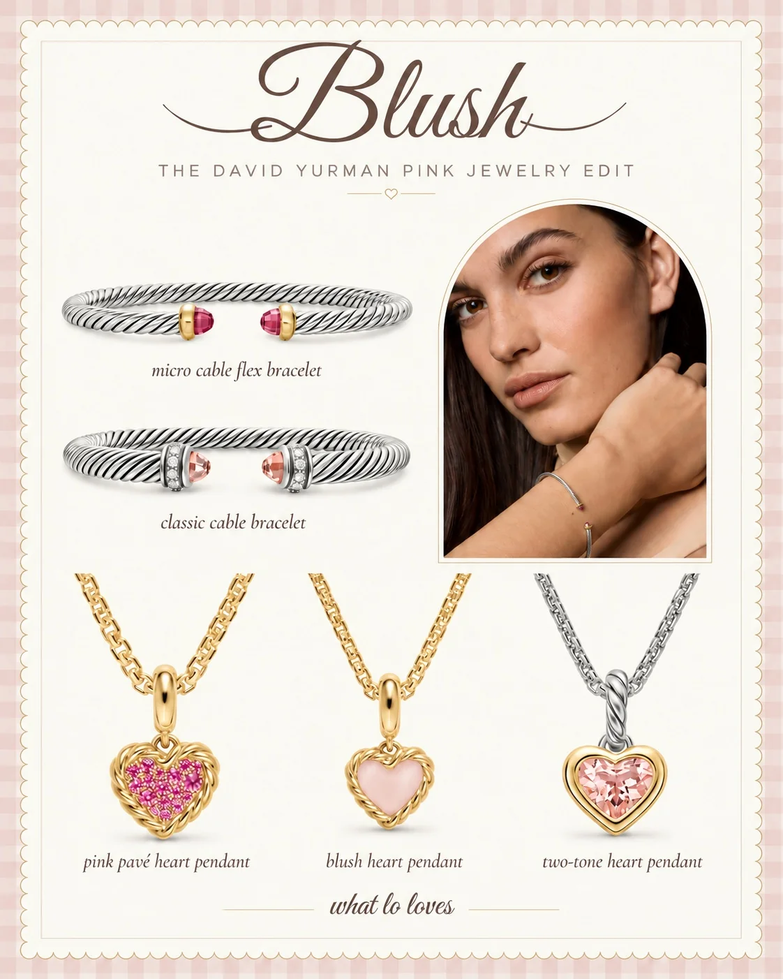 David Yurman cable bracelets with three pink heart pendant styles