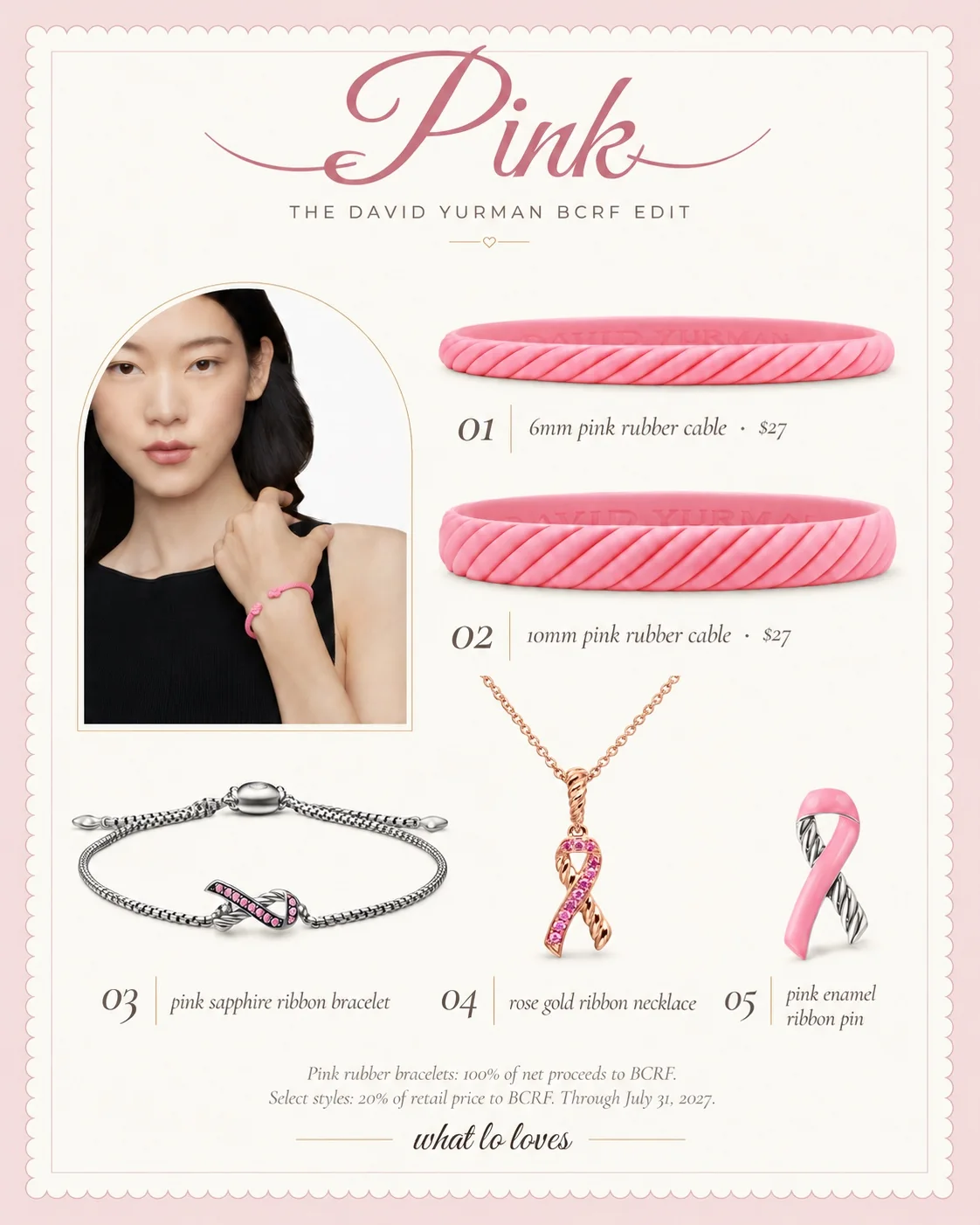 David Yurman BCRF edit featuring pink rubber bracelets and ribbon jewelry